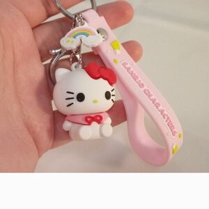 Hello Kitty Pink Silicone Keyring with White Figure and Rainbow Charm (D)
